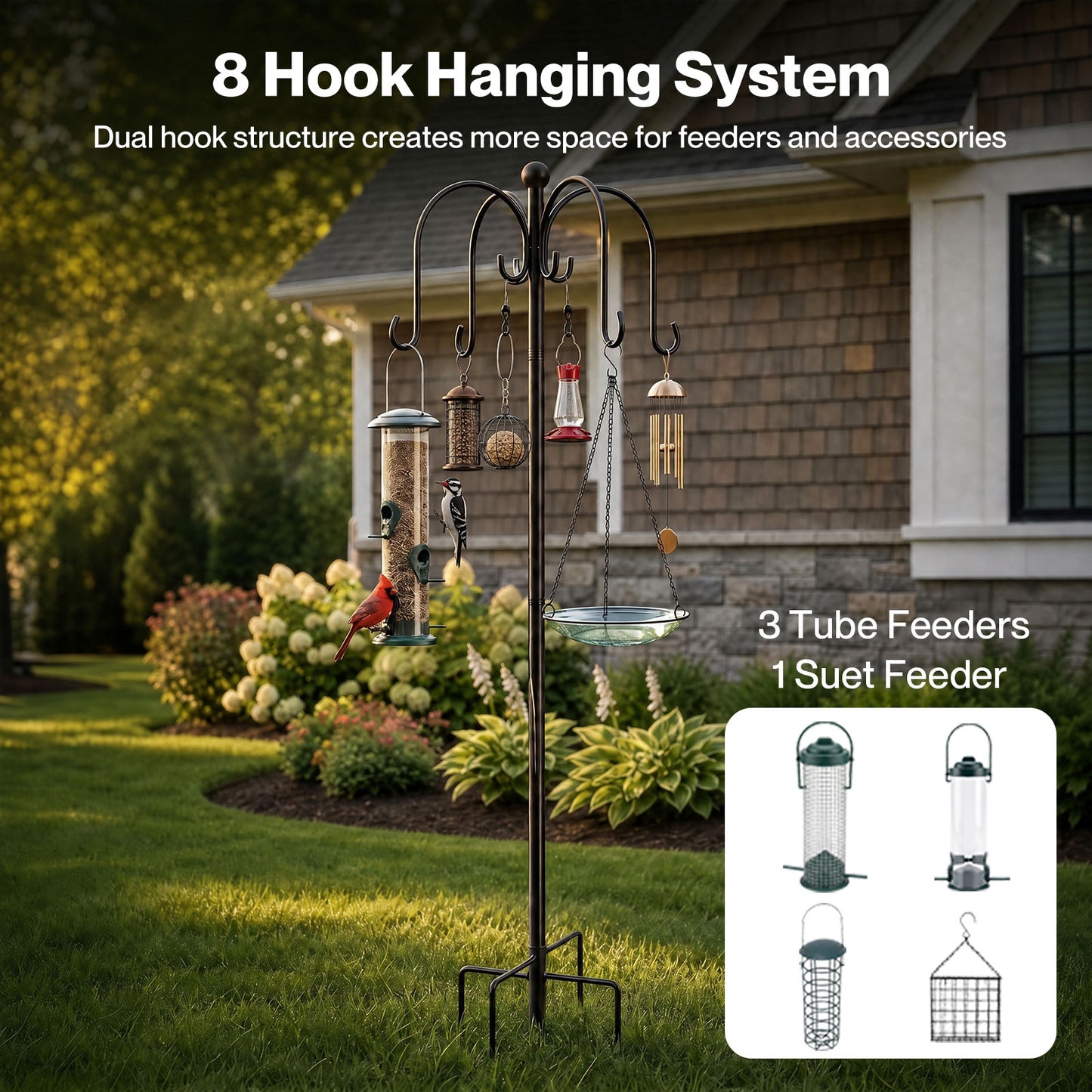 TOQUE Complete Bird Feeding Station Outdoor Garden Wild Birds Feeder 4 Feeders