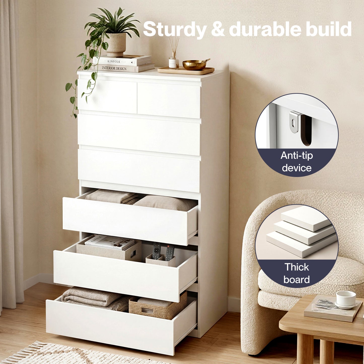 Levede Tall Chest of Drawers White Storage Cabinet for Bedroom Hallway Home