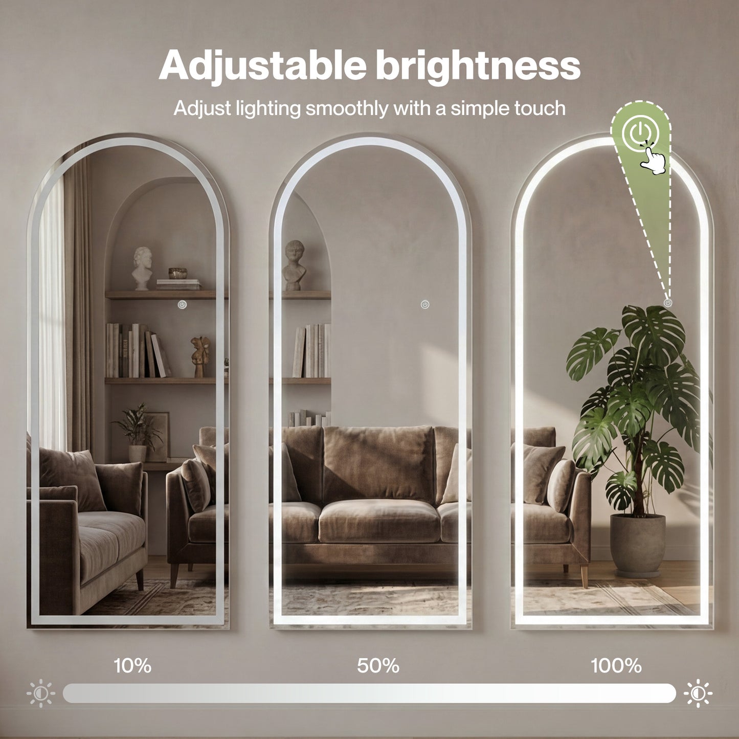 Yezi Full Length Mirror Arched LED Touch Buttons Light-Adjustable 140x50cm White