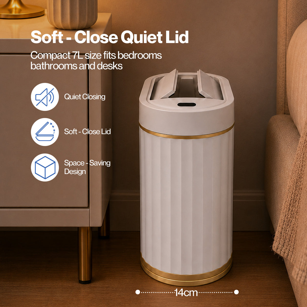 TOQUE Sensor Rubbish Bin 7L Touchless Silent Butterfly Lid for Bedroom White