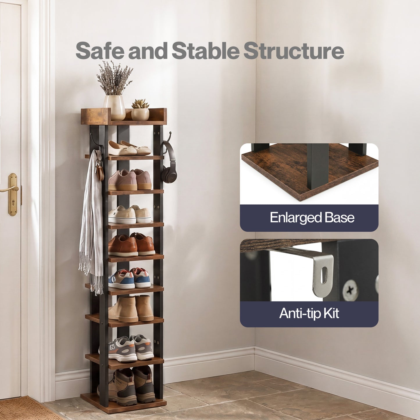 Levede Shoe Rack Storage Organiser 9 Tier Industrial Shoe Shelf Adjustable Brown