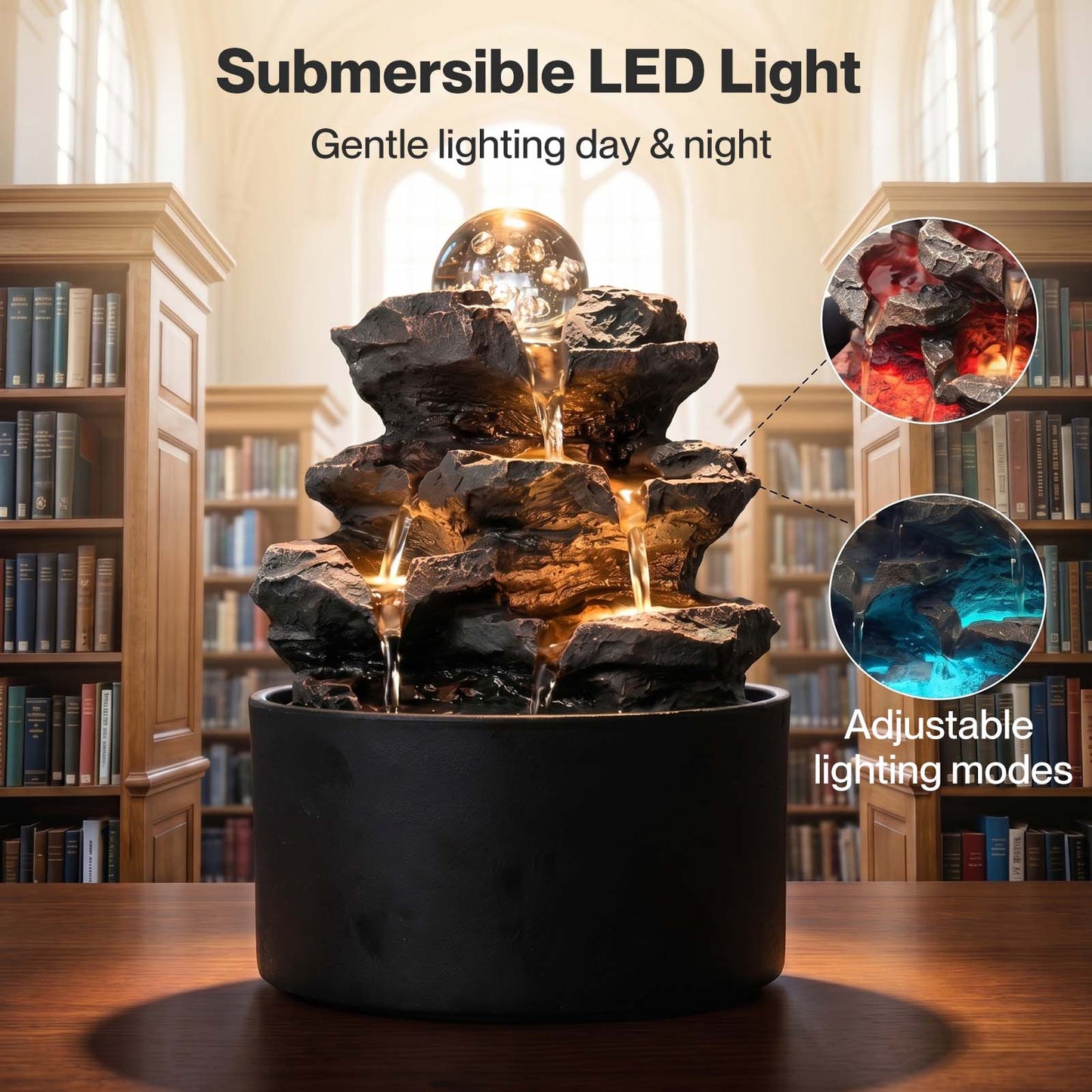 Spector Water Feature Indoor Fountains Rotating Glass Ball LED Light Resin Grey