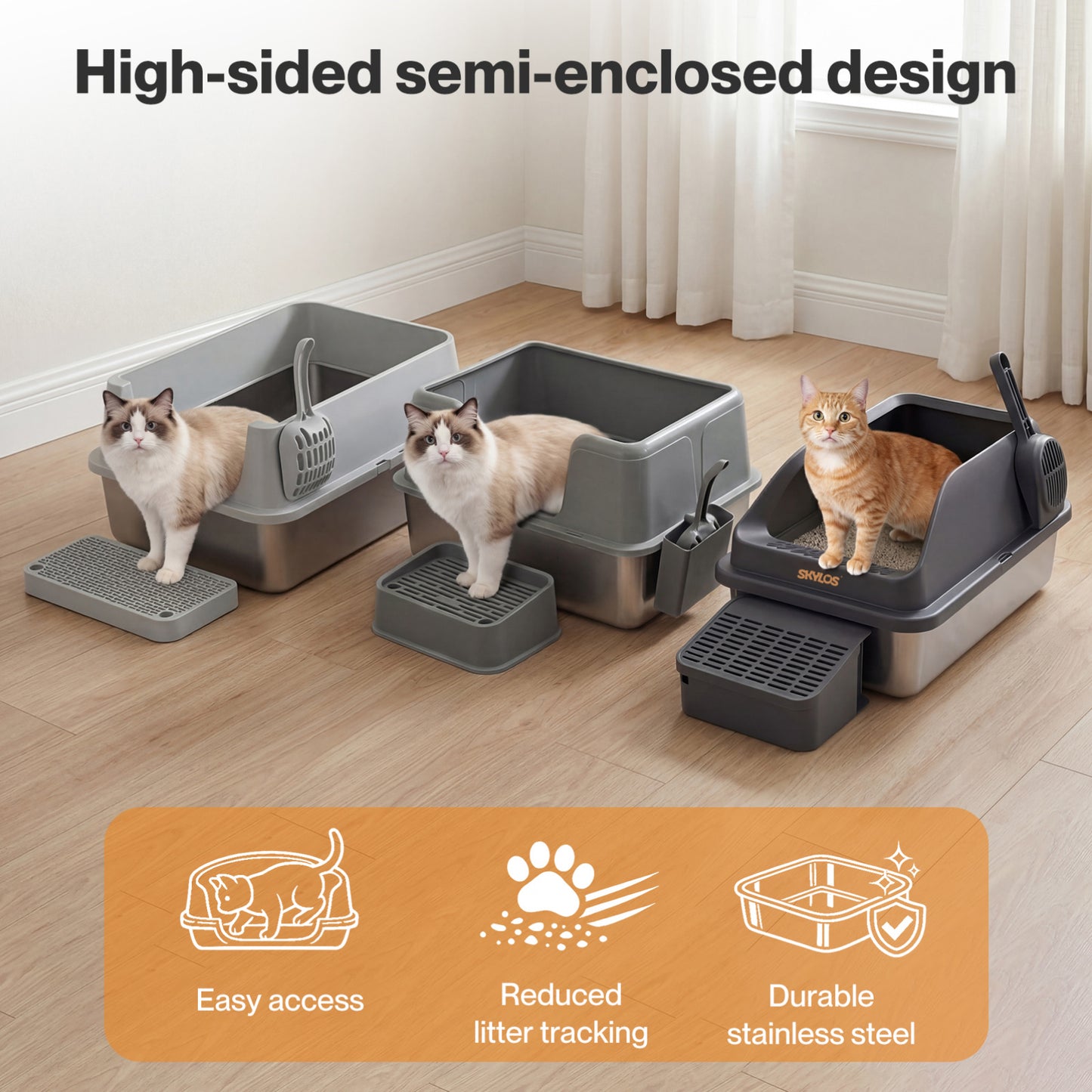 Skylos Cat Litter Box Enclosed Stainless Steel Anti-Splash Toilet Tray Foldable