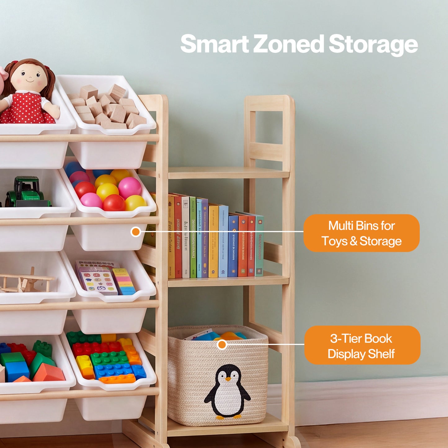 Levede Kids Toy Storage Organiser Wooden Book Shelf 12 Removable Storage Bins