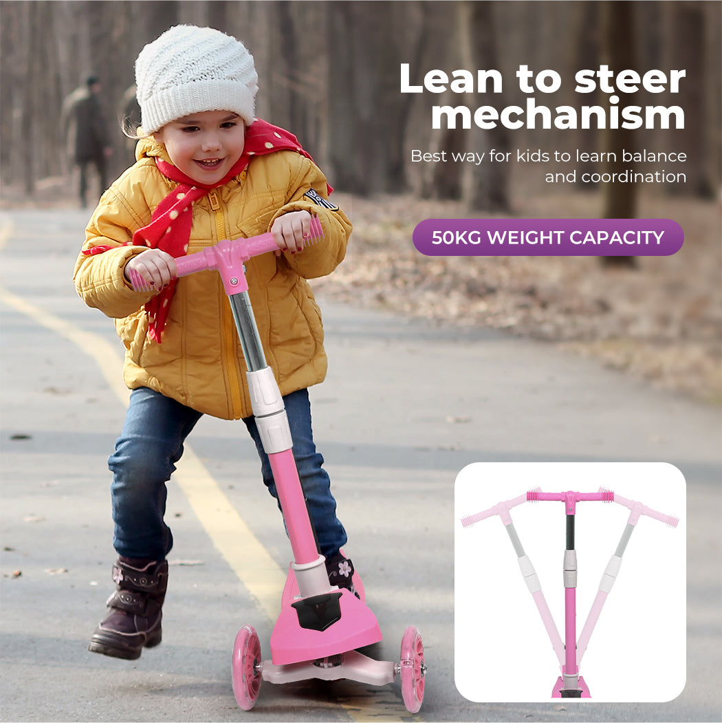 Dekko Foldable Kids Scooter Adjustable Height Flashing LED Music 3 Wheels Pink