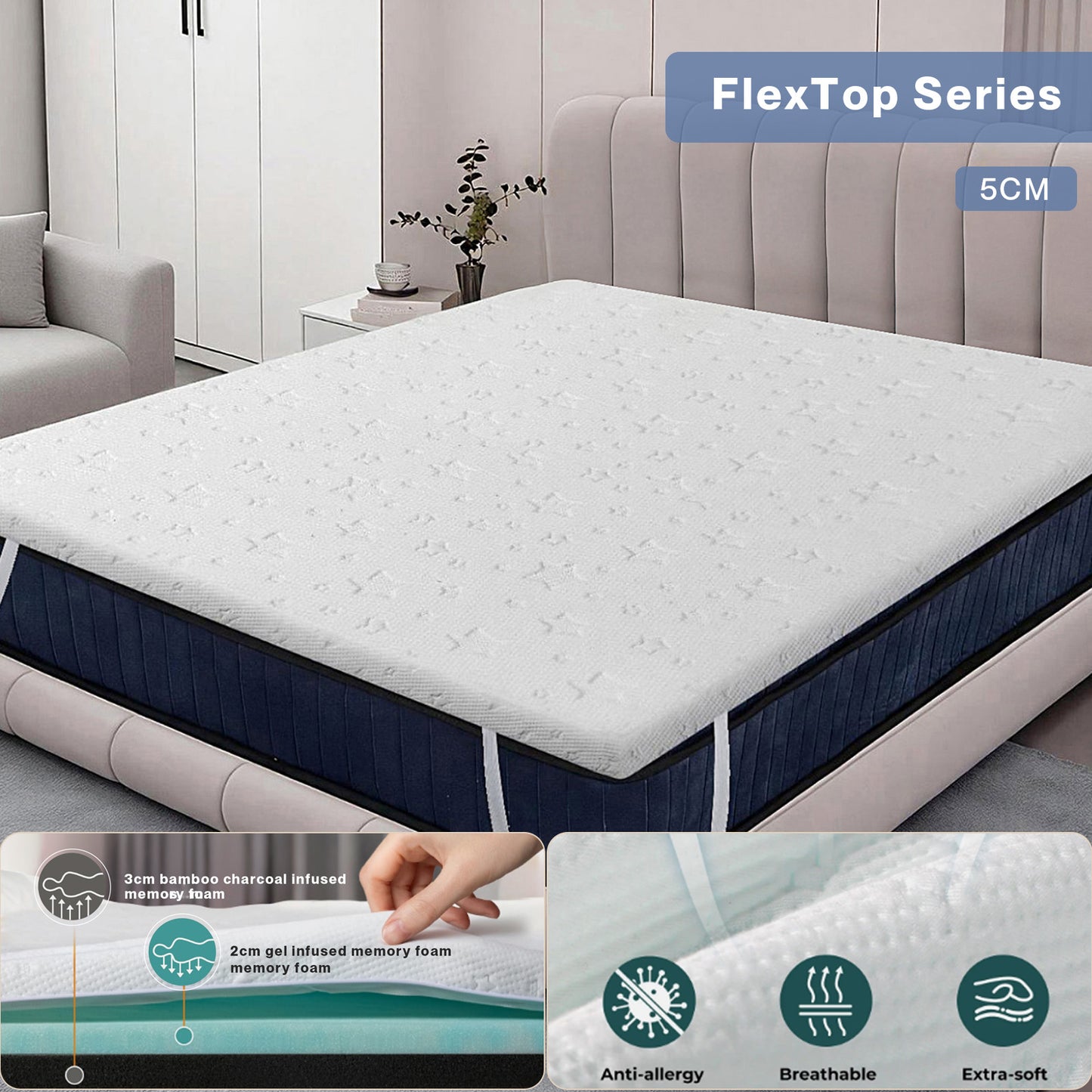 Lavio Mattress Topper Memory Foam Cooling Gel Bamboo Charcoal 5cm 7cm 8cm 10cm