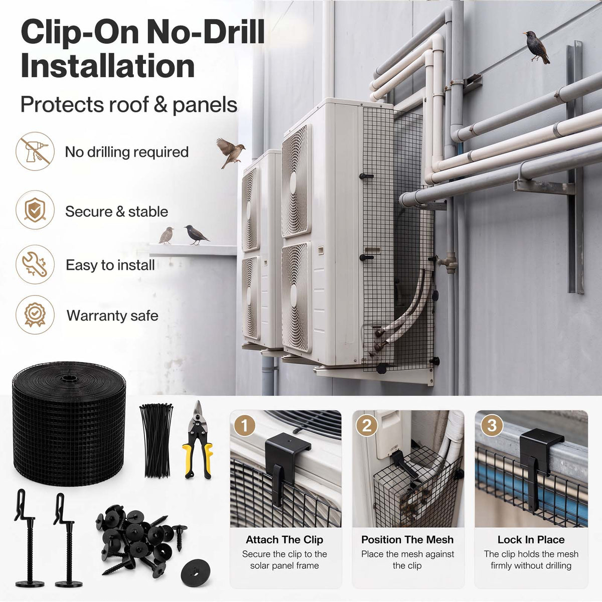 Mountview Bird Proofing Mesh Set PVC 60 Fixing Clips 30m for Solar Panel Black