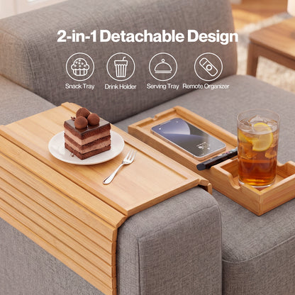 Levede Sofa Arm Tray Table 2 in 1 Bamboo Couch Armrest Organiser Cup Mug Holder