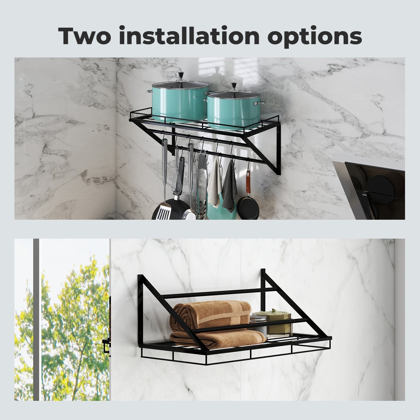Toque Wall Mounted Pot Pan Rack Multipurpose Utensil Rail Holder Shelf 12 Hooks