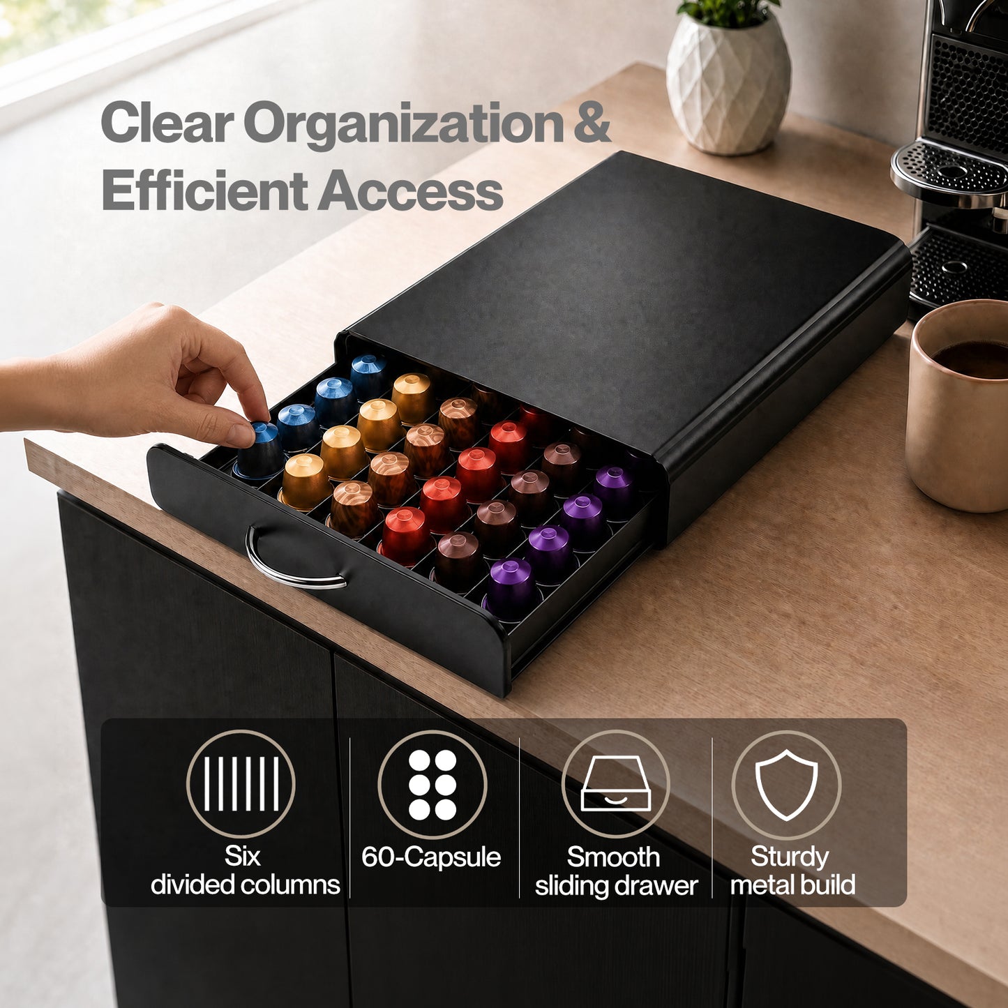 TOQUE Coffee Pod Holder Drawer for Nespresso Capsules 60 Pod Storage Stand Rack