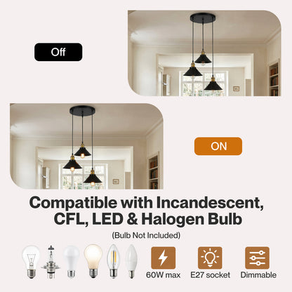 Emitto Pendant Light 3 Lights Height Adjustable Vintage Ceiling Light Black