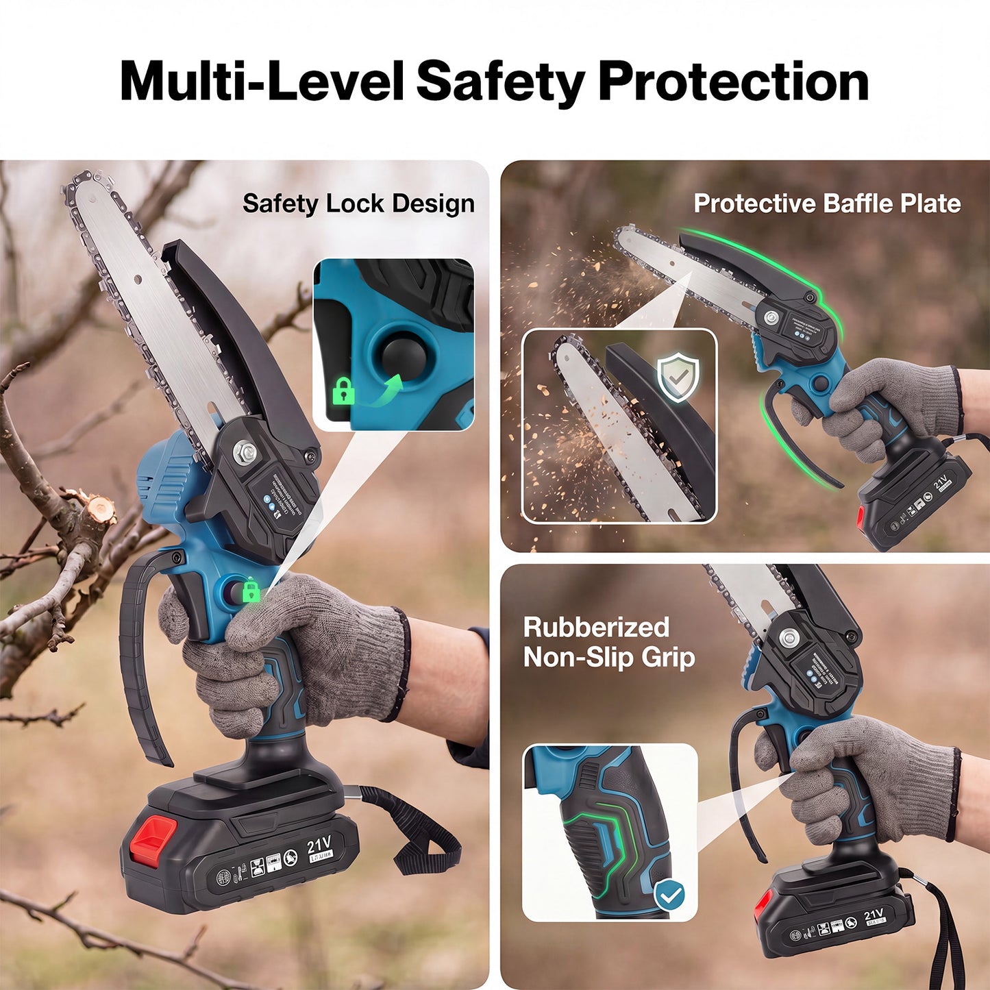 Traderight Mini Chainsaw Cordless 6In and 8In Dual Bar Garden Pruning Black Blue
