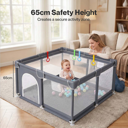 Dekko Baby Playpen 150x180cm Play Mat with 50 Ocean Balls 65cm Safe Height Grey