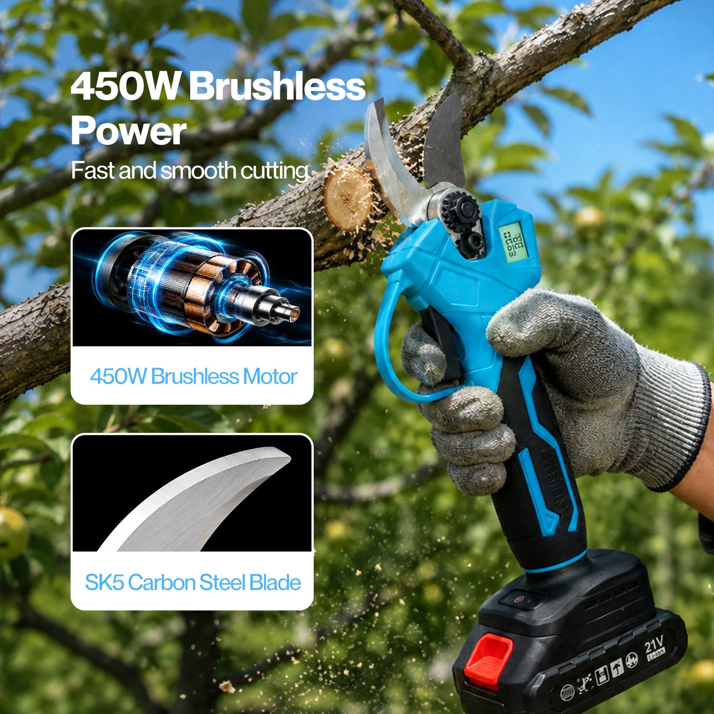 Traderight Pruning Shears 450W Brushless LCD SK5 Blade for Garden Cutting Blue