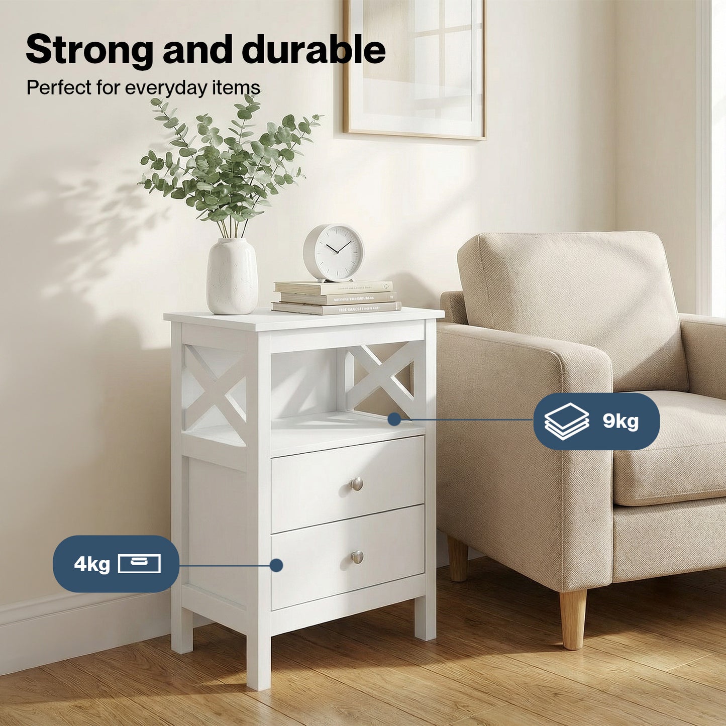 Levede Bedside Table Wood Nightstand Cabinet 2 Storage Drawers Open Shelf White