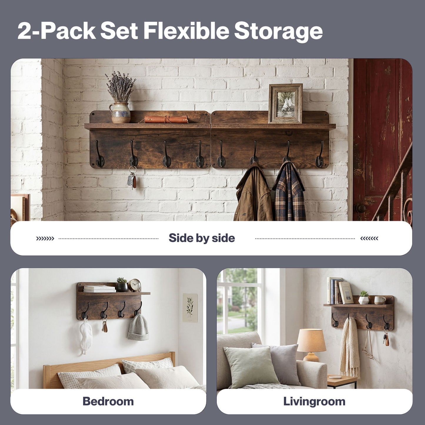 Levede Wall Coat Rack 2 PCS 8 Hooks Wall Mounted Heavy Duty Wooden Organiser