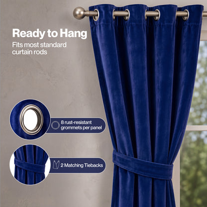 Marlow Thick Thermal Blackout Curtains Velvet 46x54 Inch Eyelet Ring Top Blue