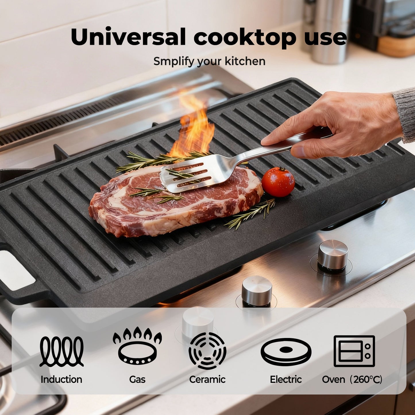 Toque Reversible Cast Iron Griddle Plate Non-Stick Grill Skillet Pan 49.5cm BBQ