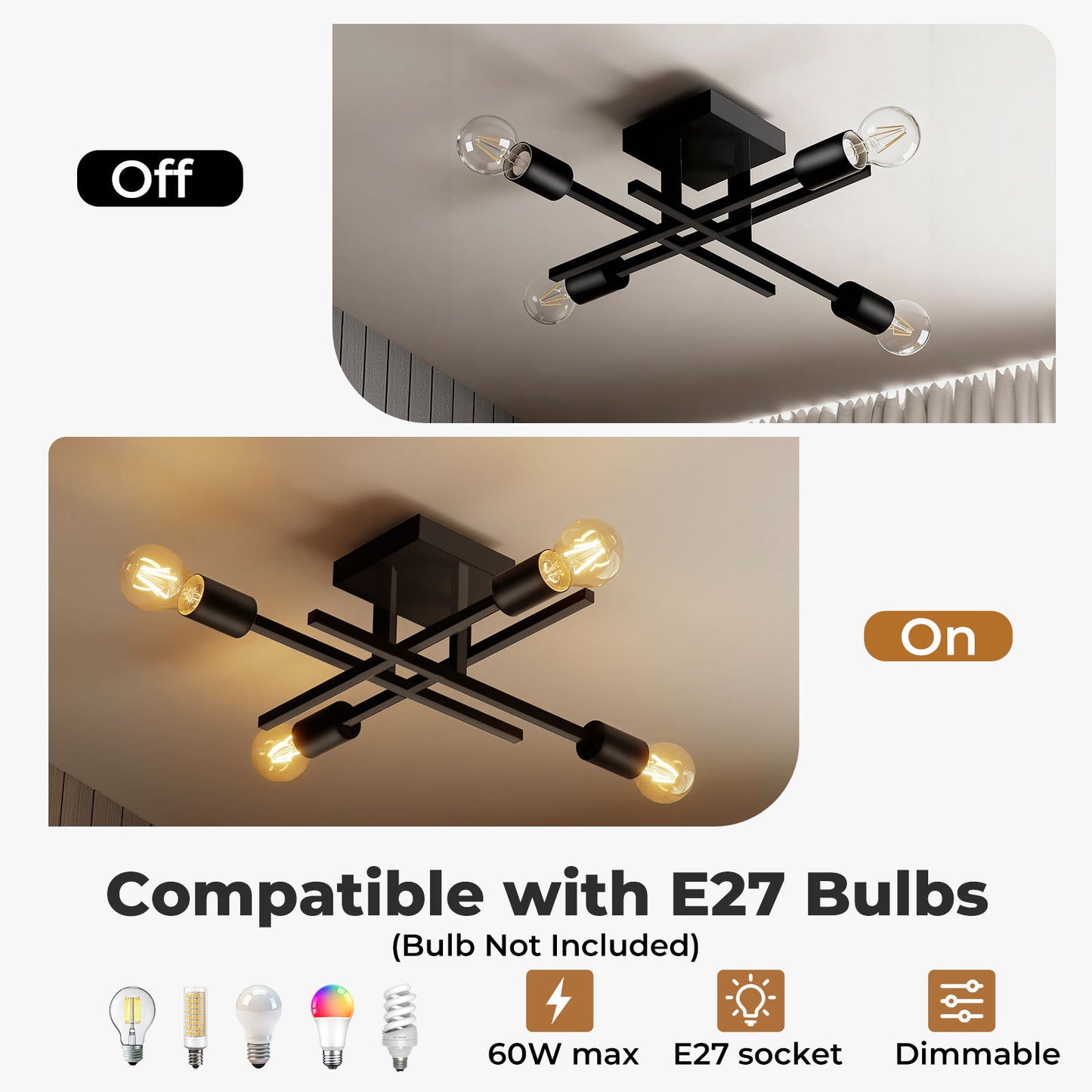 EMITTO Semi Flush Mount Ceiling Light Fixture Matte Black 4 Light E27 Socket