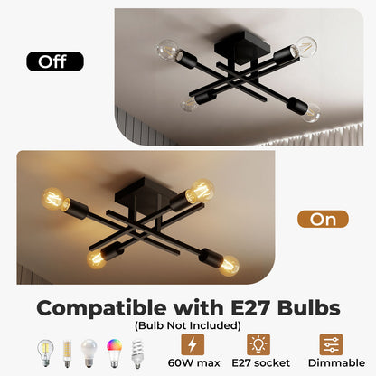 EMITTO Semi Flush Mount Ceiling Light Fixture Matte Black 4 Light E27 Socket