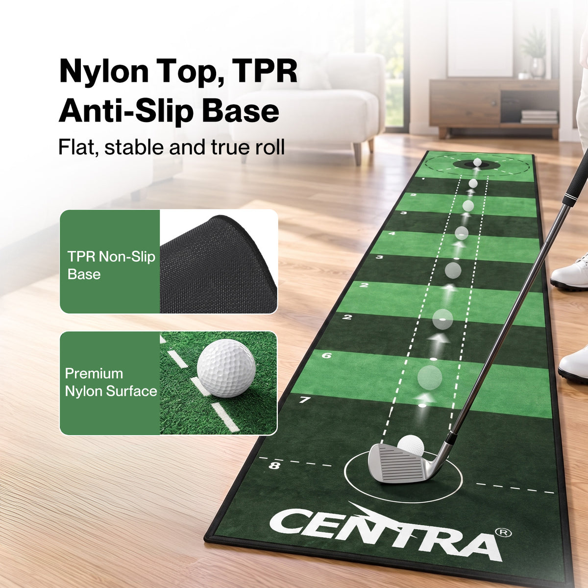 Centra Golf Putting Mat 3m Indoor Practice Non Slip Backing for Office Green