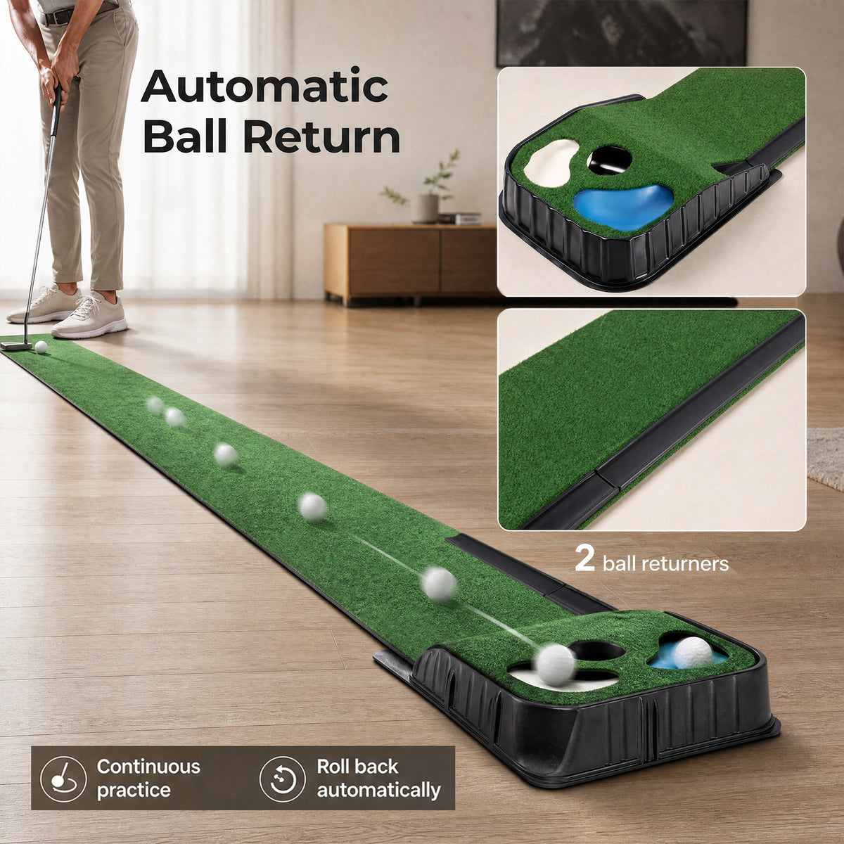 Centra Golf Putting Mat Training Aid Auto Ball Return 270cm Indoor Outdoor Green