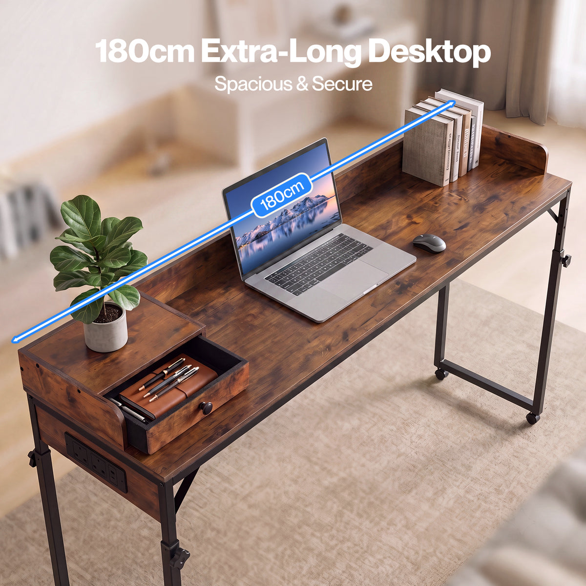 Levede Overbed Table 180cm 84-109cm Mobile with Charging Station Bedroom Brown