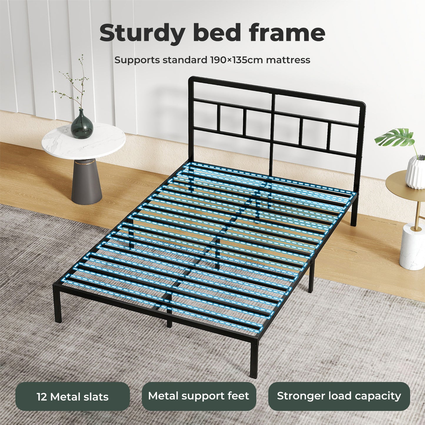 Levede Double Bed Frame Metal Platform with Headboard Heavy Duty 4FT6 Black