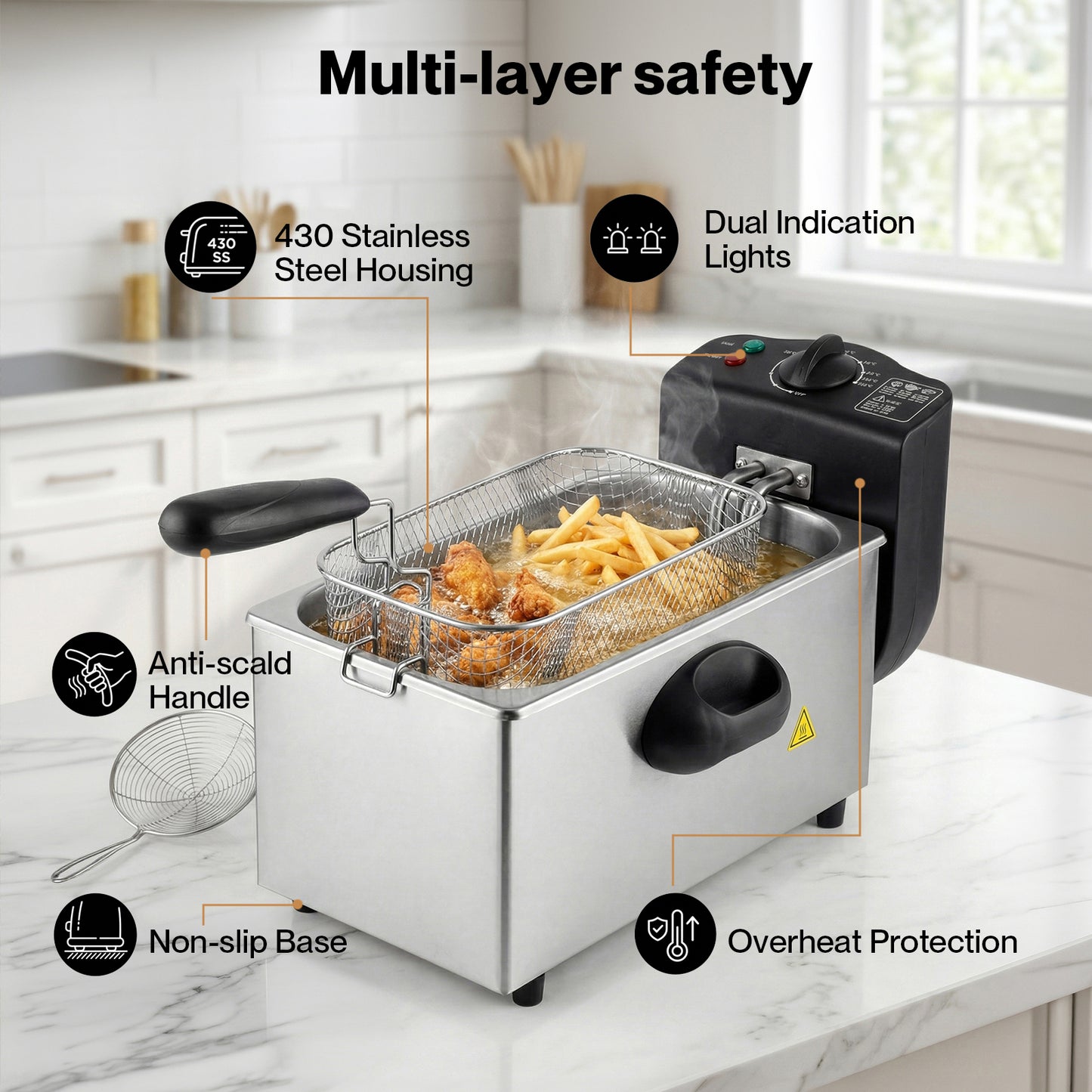 Spector Deep Fat Fryer 3L Chip Pan Basket Stainless Steel Adjustable Temp 2000W