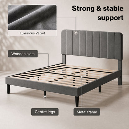 Levede Bed Frame Velvet Upholstered Platform Adjustable Headboard Double King