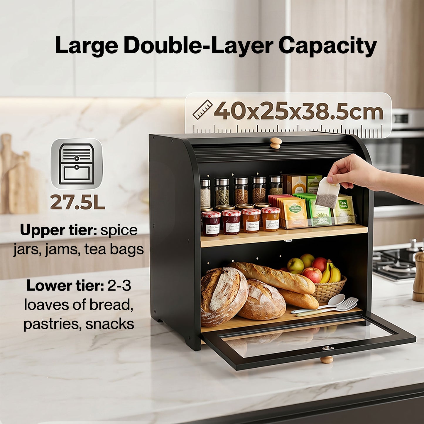 Bread Box  2-Tier Large Capacity Roll Top  Black Bamboo  Acrylic Door