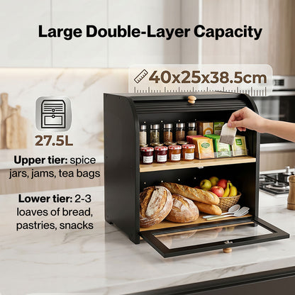 Bread Box  2-Tier Large Capacity Roll Top  Black Bamboo  Acrylic Door