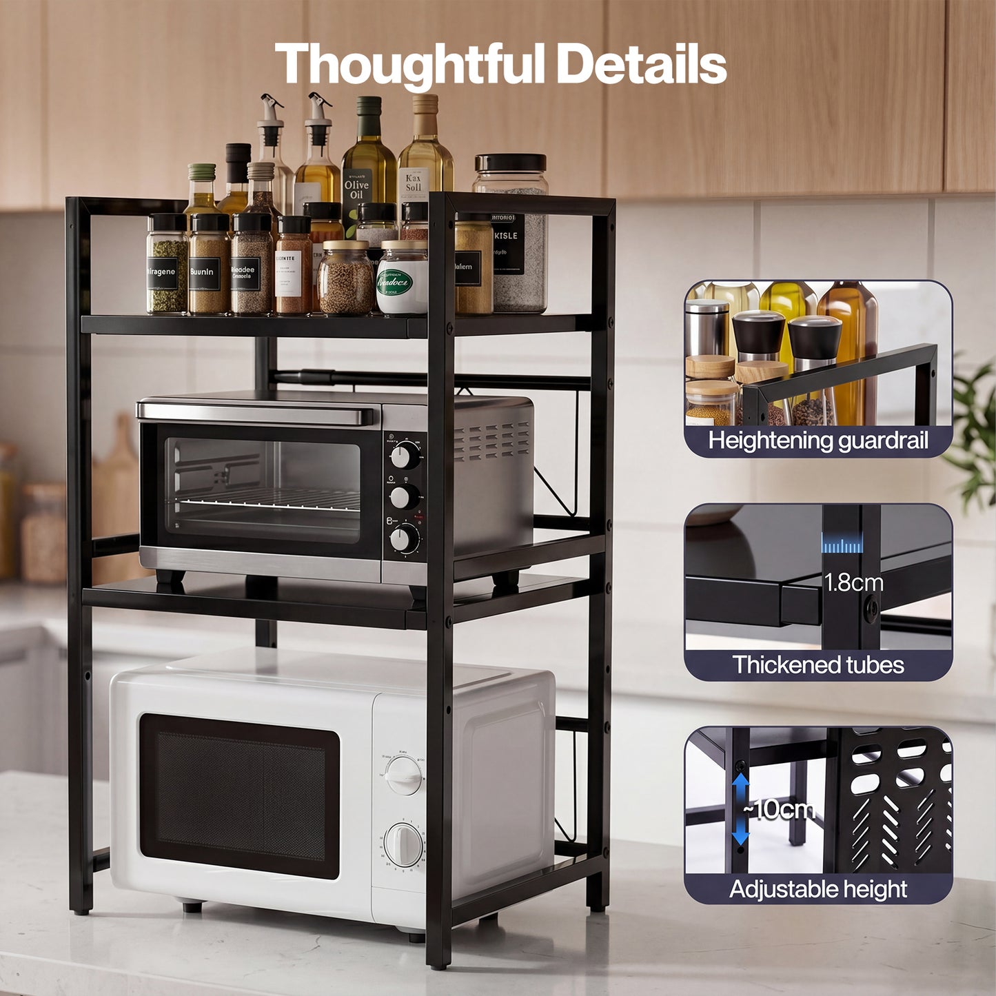 TOQUE 3 Tier Expandable Microwave Oven Rack Stand Kitchen Storage Shelf Black