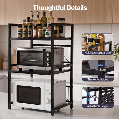 TOQUE 3 Tier Expandable Microwave Oven Rack Stand Kitchen Storage Shelf Black