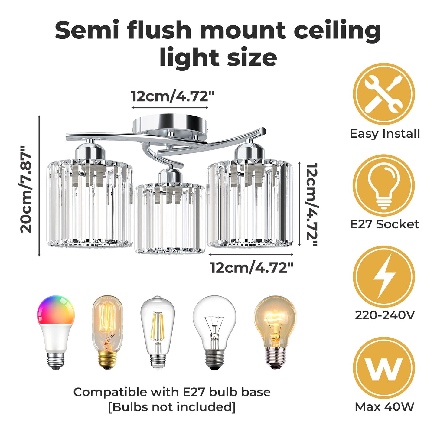 Emitto Crystal Ceiling Light 3 Light Semi Flush Mount Lamp E27 Chandelier Chrome