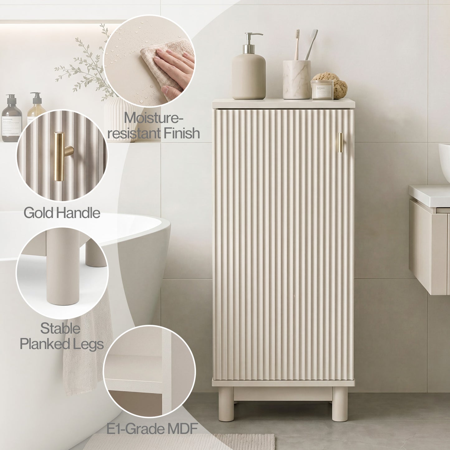 Levede Slim Bathroom Cabinet Tall Fluted Storage Cupboard Adjustable Shelf Cream