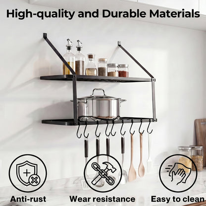TOQUE Pot Pan Rack Wall Mounted Kitchen Shelf 2 Tier Storage Rack Metal 10 Hooks