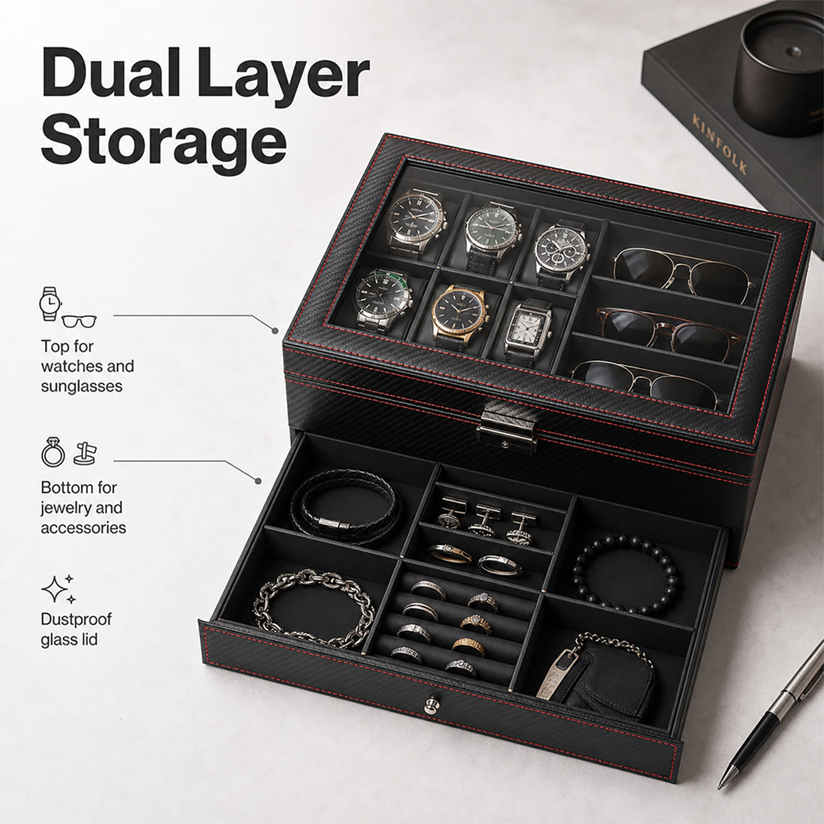 Watch Box Watch Storage Jewelry Box 2 Layer Glass Lid Lockable Display Black