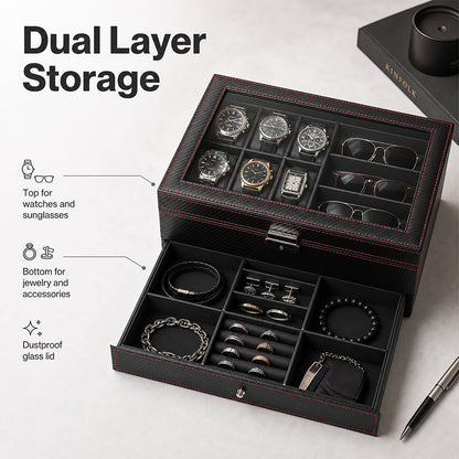 Watch Box Watch Storage Jewelry Box 2 Layer Glass Lid Lockable Display Black