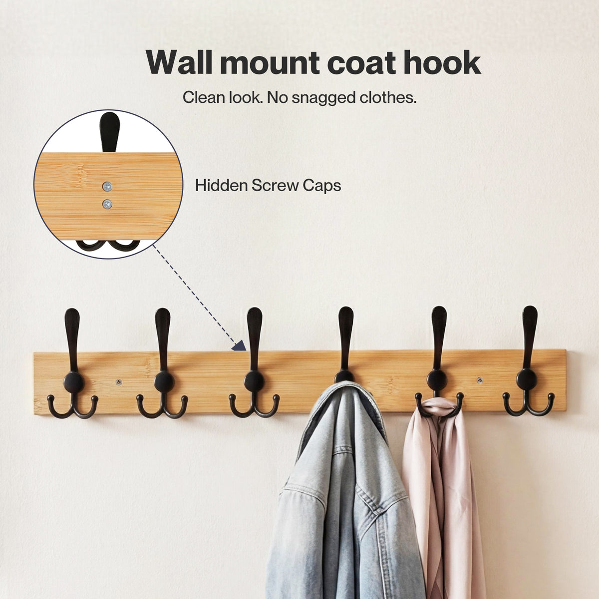 Levede Coat Rack Wall Mounted 6 Triple Hooks Holds Coats & Bags  Hallway Bamboo