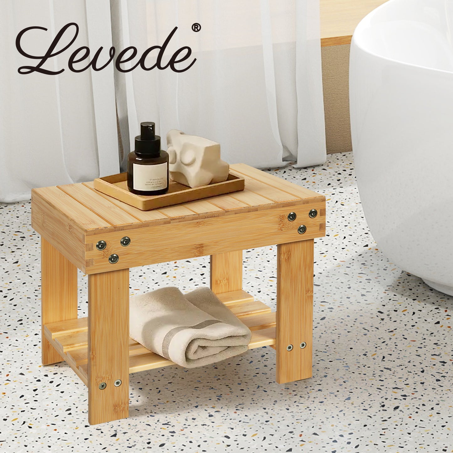 Levede Step Stool Seat Bamboo Multi Purpose with Storage Shelf Home Shop Kids