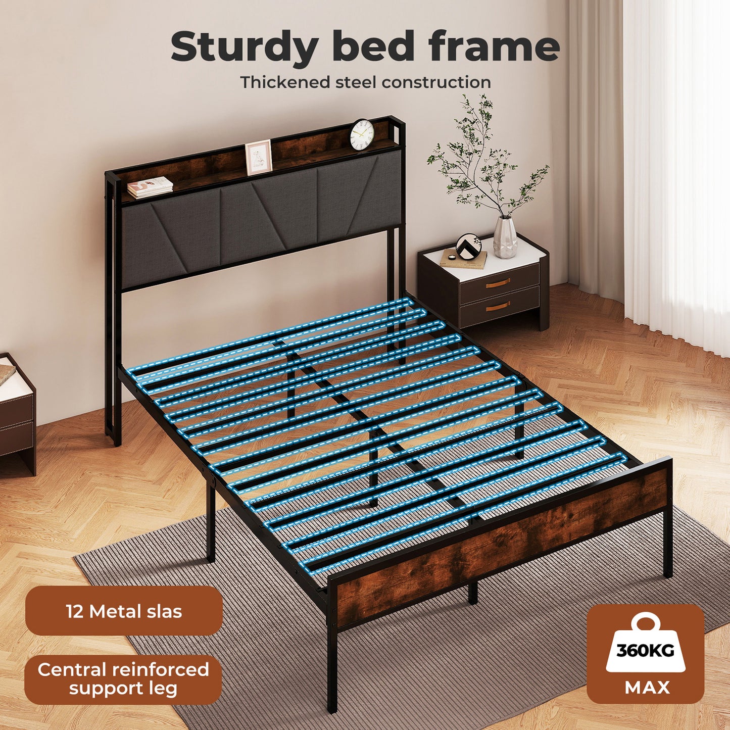 Levede Heavy Duty Double Bed Frame Metal Platform with Storage Headboard 4FT6