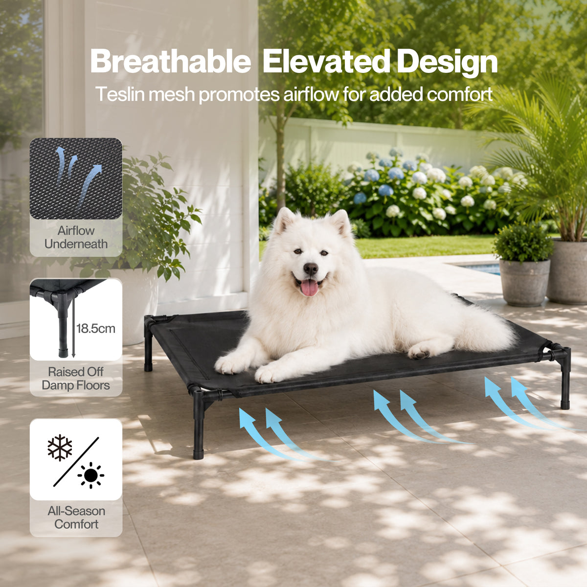 Skylos Elevated Dog Bed Large Breathable Three Sided Bolster for Outdoor Black