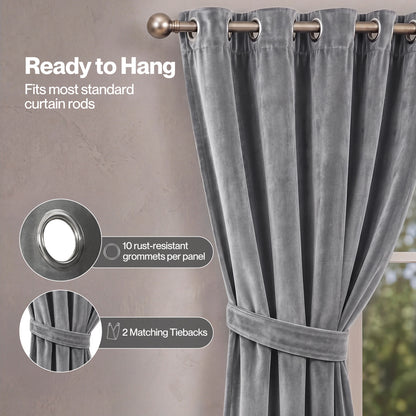 Marlow Thick Thermal Blackout Curtains Velvet 66x90 Inch Eyelet Ring Top Grey