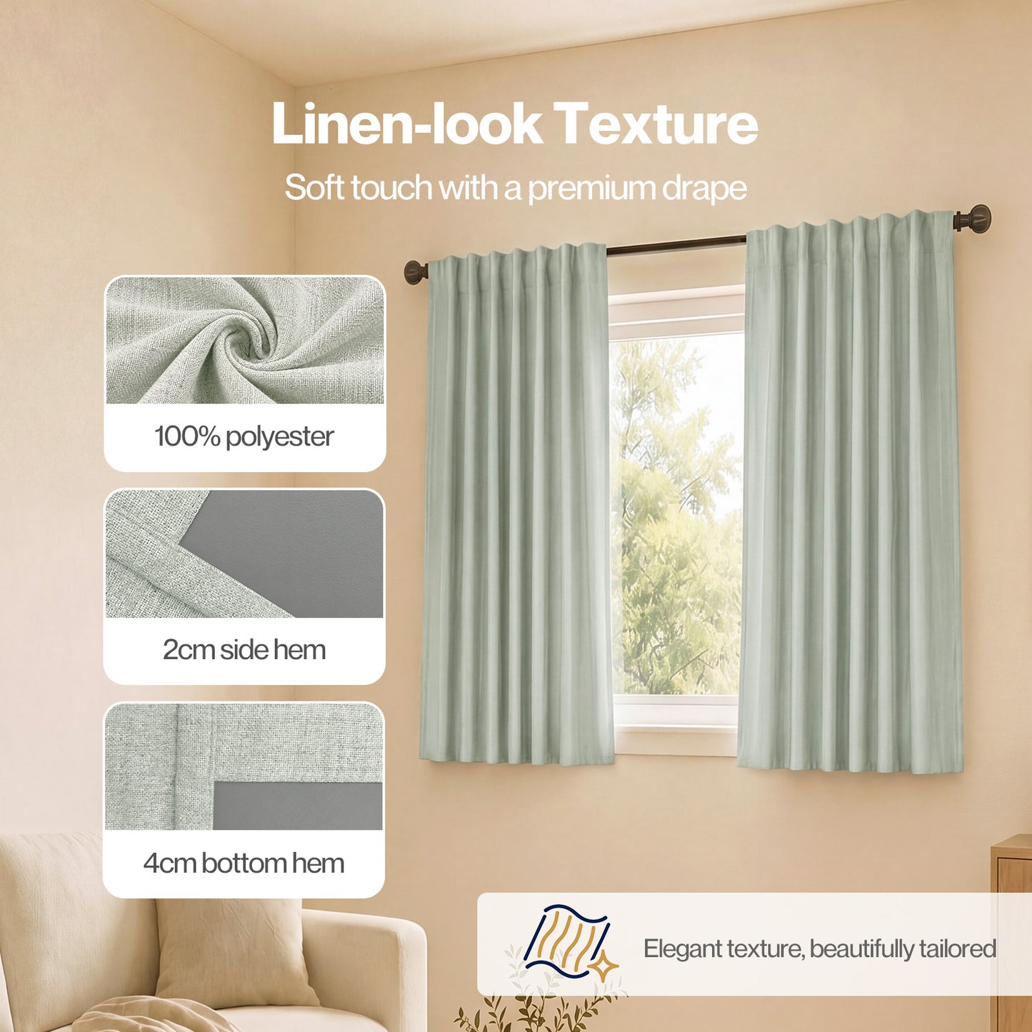 Marlow 100% Blackout Curtains Thermal Linen Look Pair Ready Made 46x54 in Green