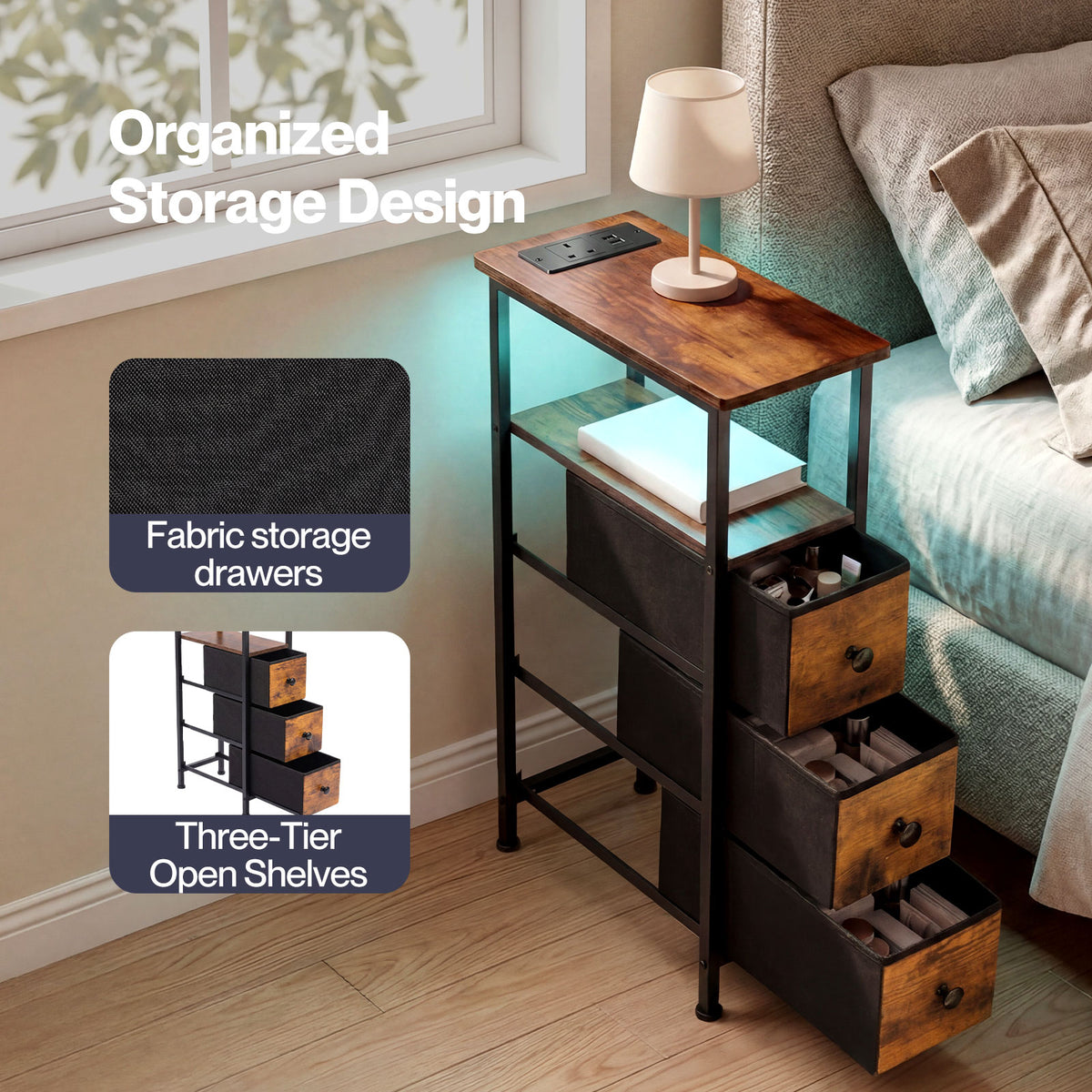 Levede Bedside Table with LED Light Charging 3 Fabric Drawers Storage Brown