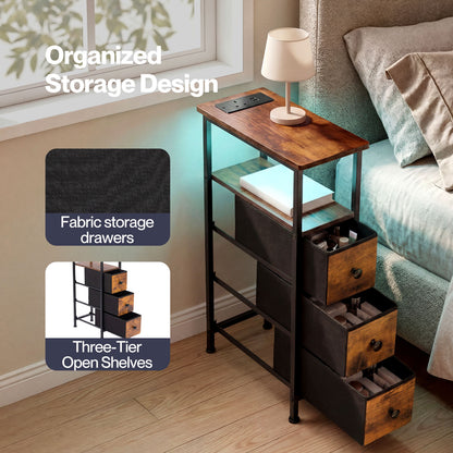 Levede Bedside Table with LED Light Charging 3 Fabric Drawers Storage Brown