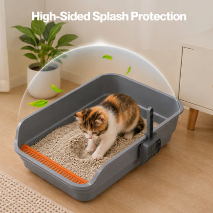 Skylos Cat Litter Tray Spacious High Sided Low Entry Open Pan for Cats Grey