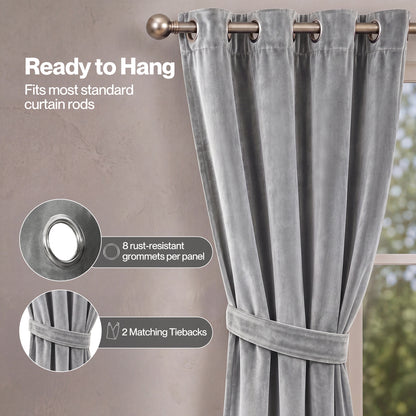Marlow Thick Thermal Blackout Curtains Velvet 46x54 Inch Eyelet Ring Top Grey