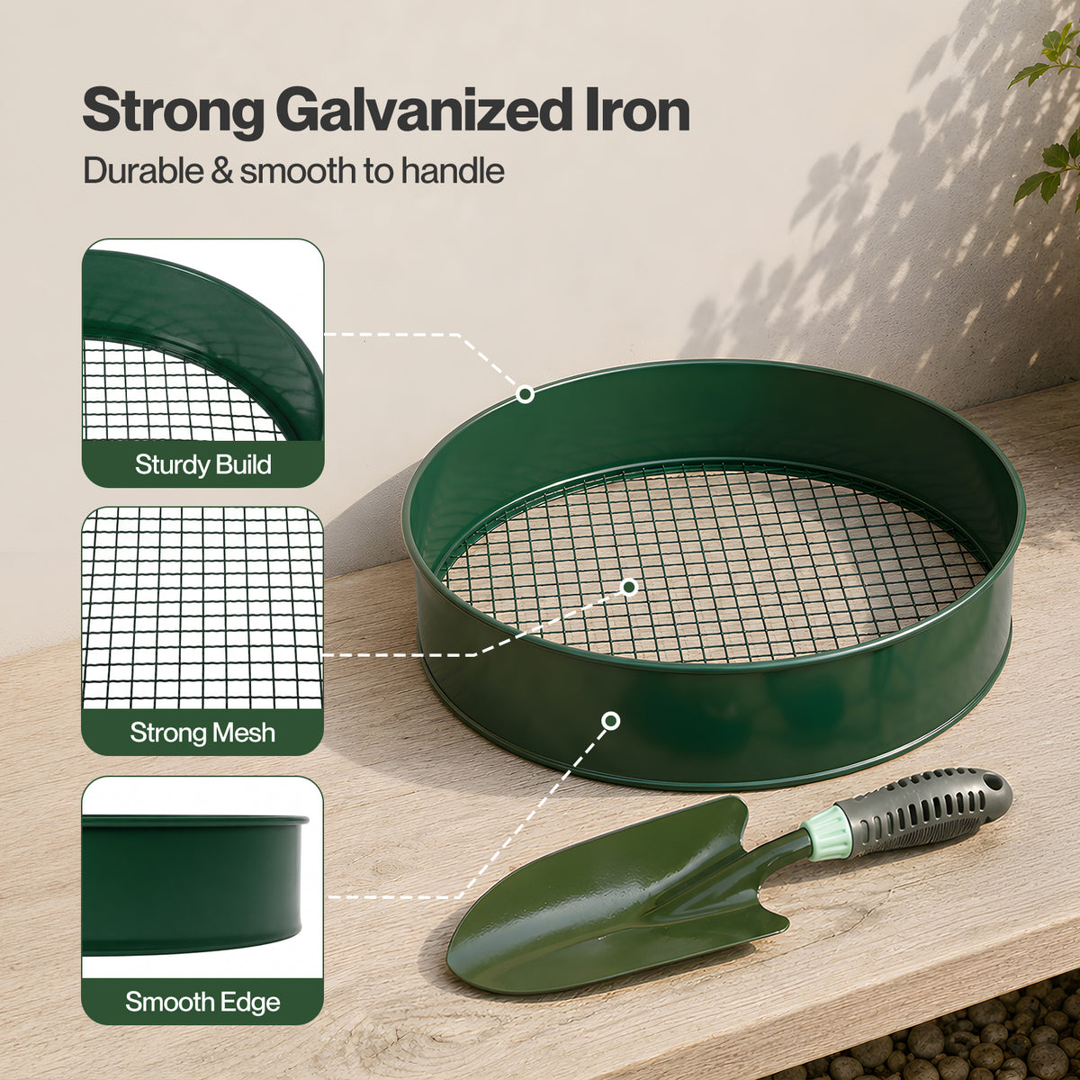 Garden Sieve Soil Sifter Set Metal 4 Mesh Inserts Shovel Hoe for Pots Green